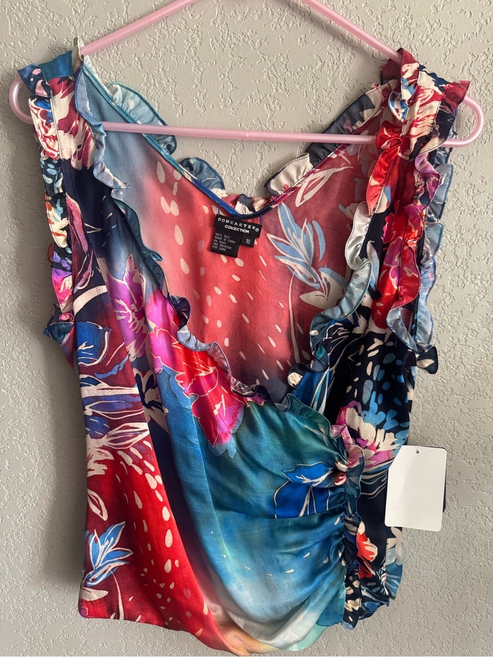 NWT Doncaster Collection 100% Silk Floral Ruffle Ruched Blouse Top Size 10